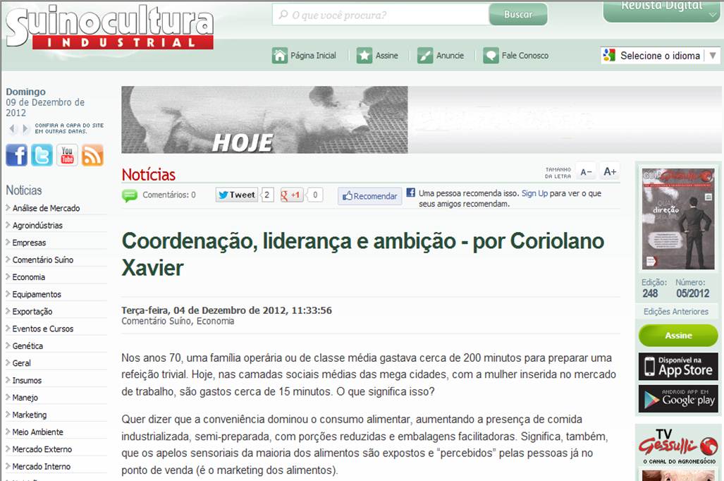 Artigo do conselheiro Coriolano Xavier é publicado pelo portal Suinocultura Industrial
