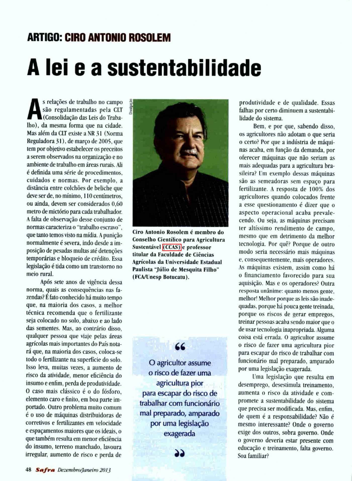 Revista A Safra publica artigo de conselheiro do CCAS